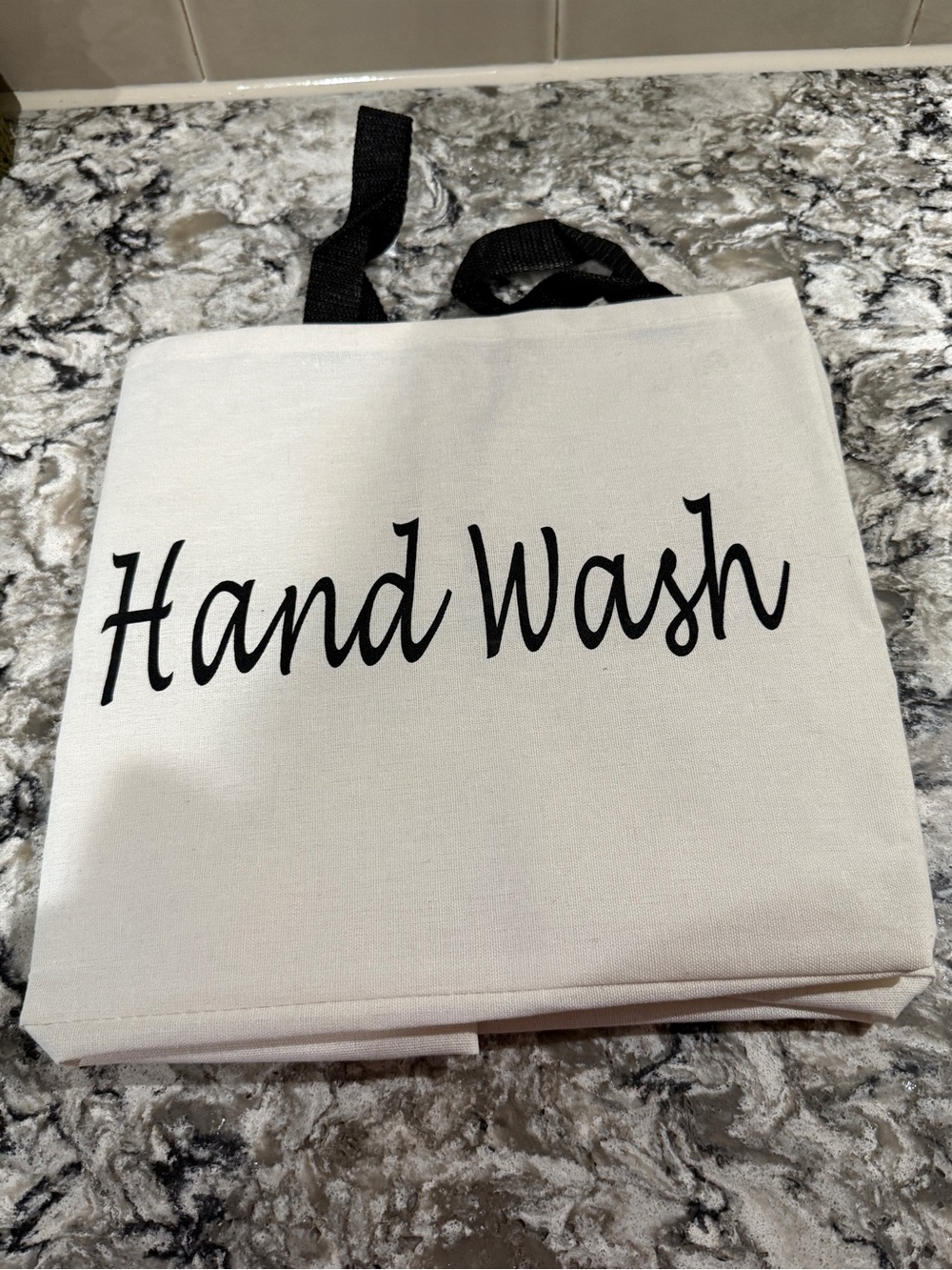 Canvas Tote Bag with "Hand Wash" Script - Cream with Black Handles